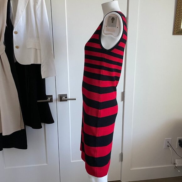 Carmen Marc Valvo Slvless Ribbed Rayon Nylon Knit Striped Dress Red Black Sz M - Picture 4 of 11